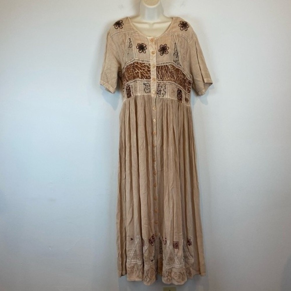 M.P.H. Bohemian long tan/brown dress women’s size XL front button w/tie on back